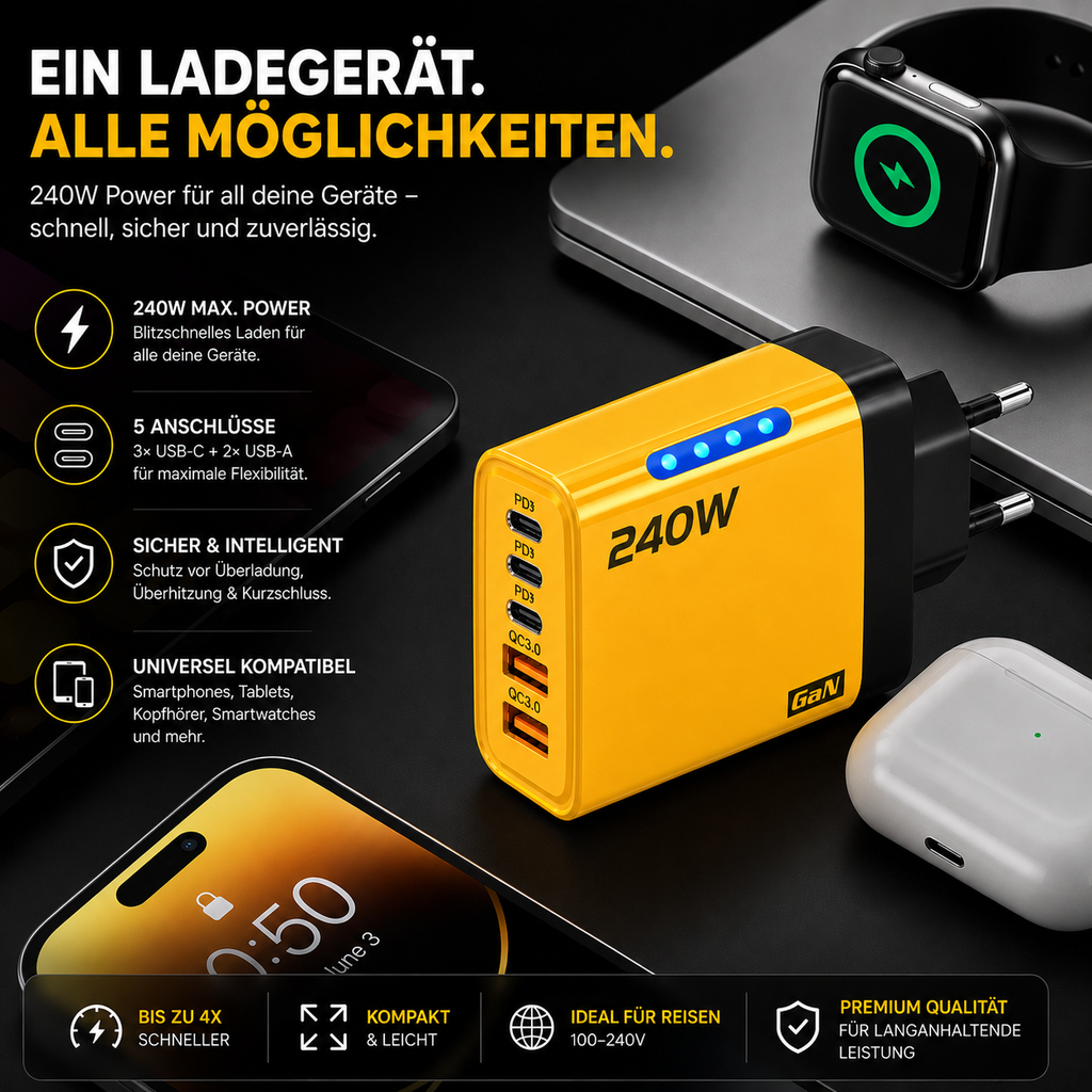 PrimeCharge Ultra™ 5-Port GaN Schnellladegerät mit USB-C & USB-A