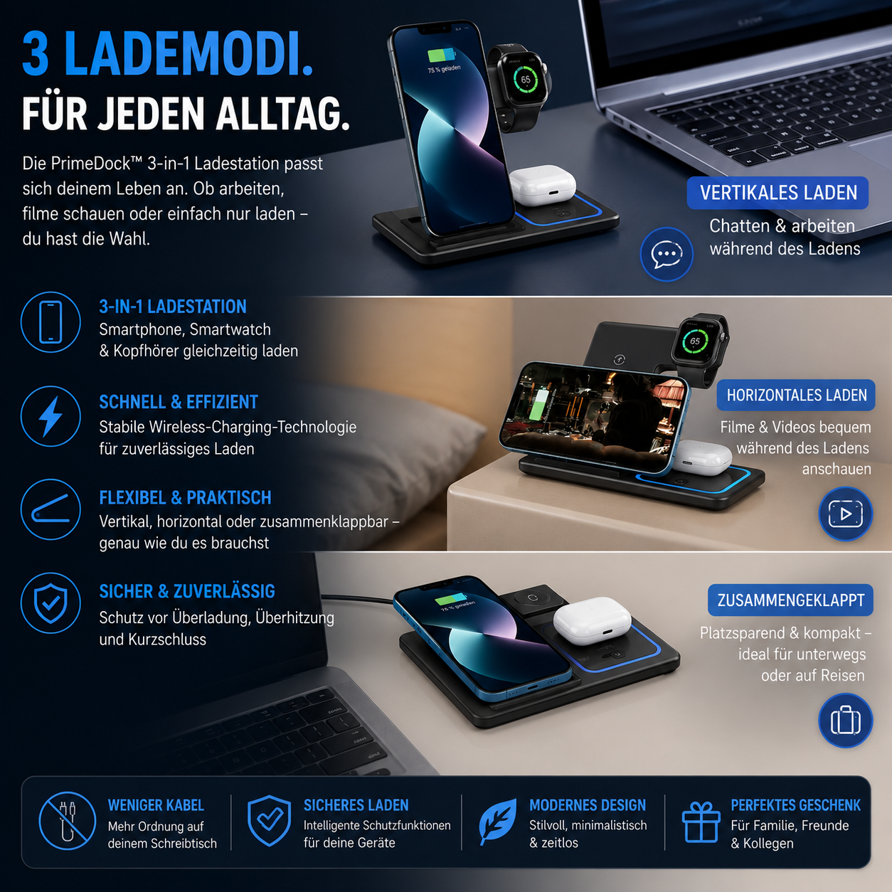 PrimeDock™ 3-in-1 Wireless Ladestation für Smartphone, Smartwatch & Kopfhörer
