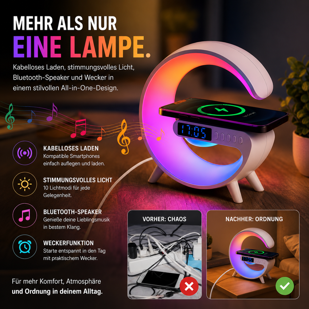PrimeGlow™ Wireless Charger mit Nachtlicht & Wecker
