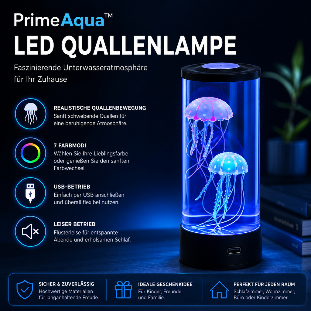 PrimeAqua™ LED Quallenlampe mit 7 Farbmodi & USB-Betrieb