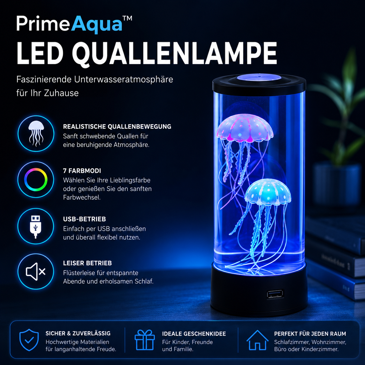 PrimeAqua™ LED Quallenlampe mit 7 Farbmodi & USB-Betrieb