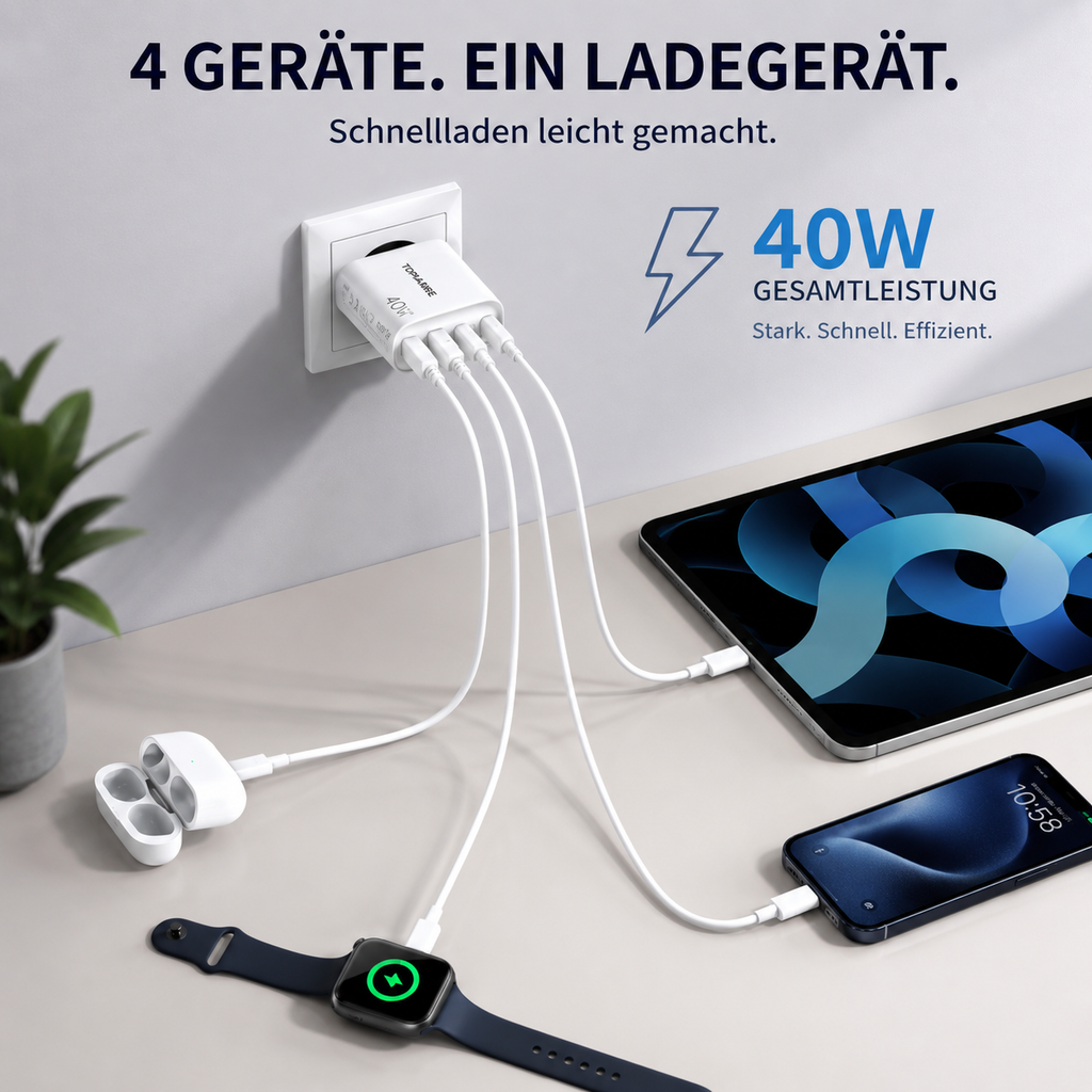 PrimeCharge 40™ USB-C Schnellladegerät mit 4 Anschlüssen