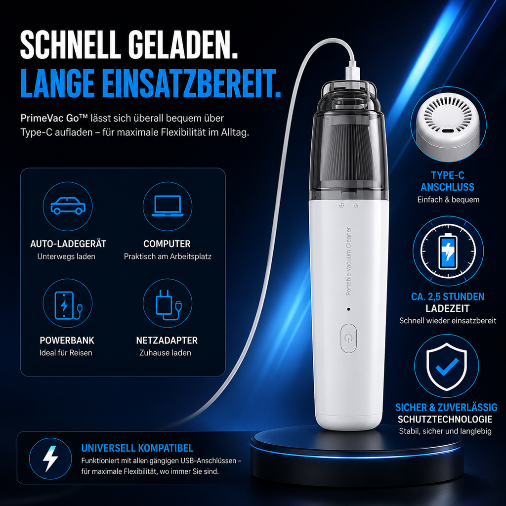 PrimeVac Go™ Mini Akku-Handstaubsauger für Auto & Zuhause
