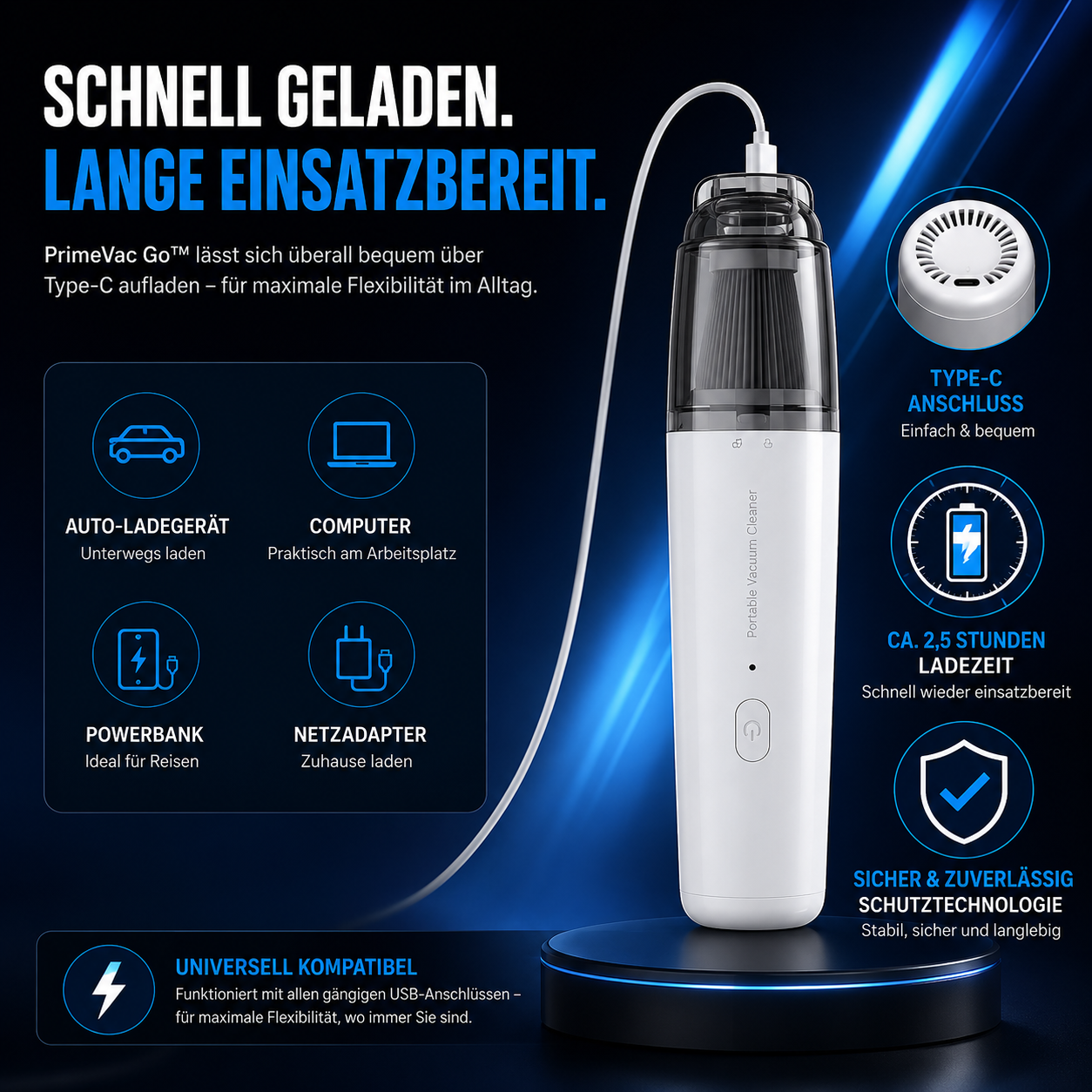 PrimeVac Go™ Mini Akku-Handstaubsauger für Auto & Zuhause