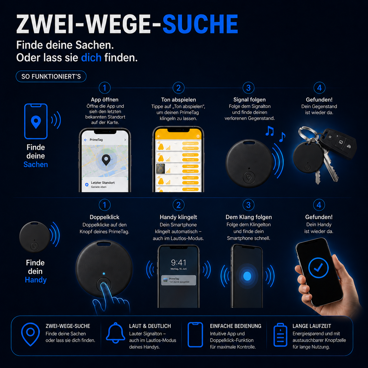 PrimeTag™ Bluetooth Tracker – Schlüssel & Gegenstände finden