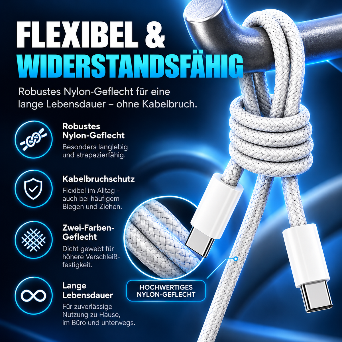 PrimeFlex 60™ USB-C Ladekabel 60W – Geflochtenes Schnellladekabel