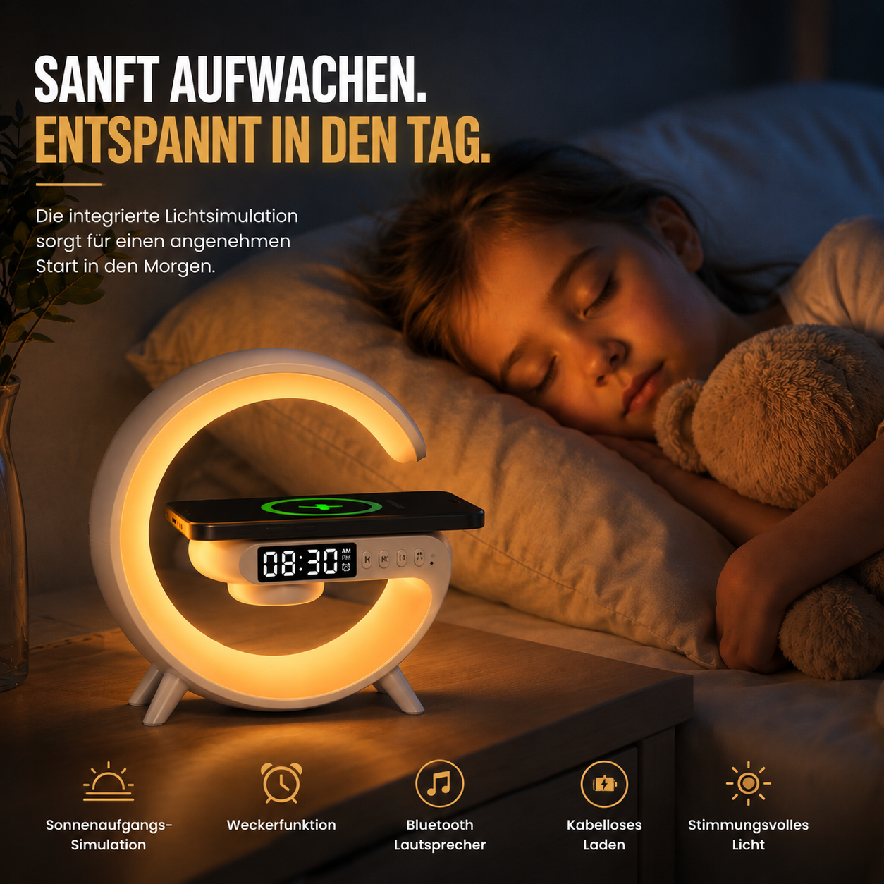 PrimeGlow™ Wireless Charger mit Nachtlicht & Wecker