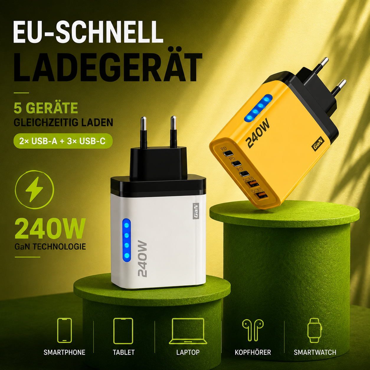 PrimeCharge Ultra™ 5-Port GaN Schnellladegerät mit USB-C & USB-A