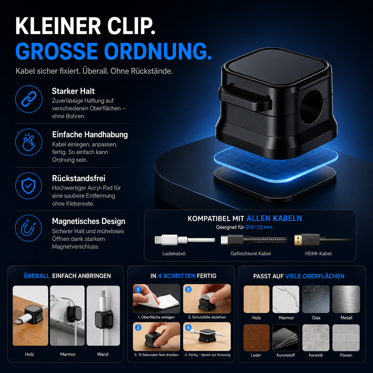 PrimeClip™ Kabelhalter Selbstklebend für Schreibtisch & Zuhause