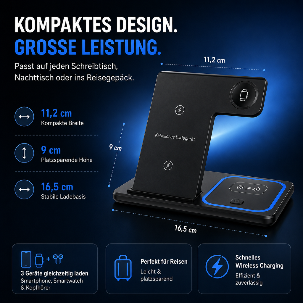 PrimeDock™ 3-in-1 Wireless Ladestation für Smartphone, Smartwatch & Kopfhörer
