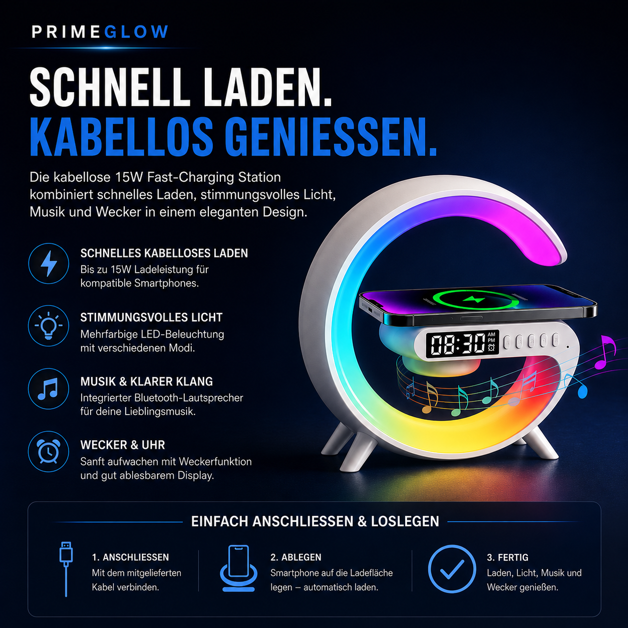 PrimeGlow™ Wireless Charger mit Nachtlicht & Wecker