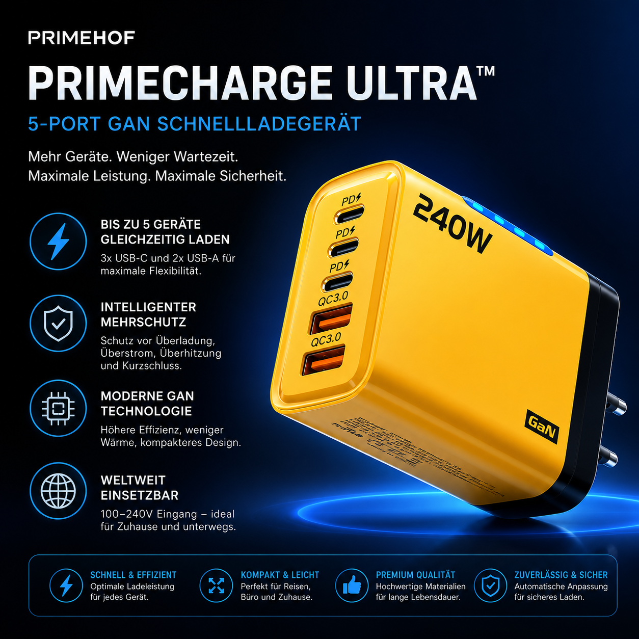 PrimeCharge Ultra™ 5-Port GaN Schnellladegerät mit USB-C & USB-A