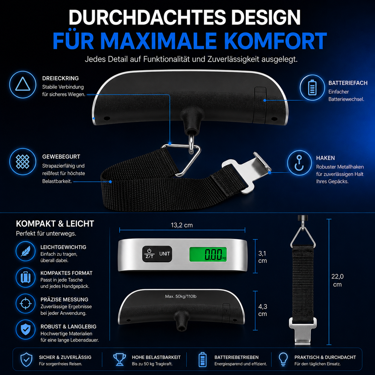 PrimeScale™ Digitale Kofferwaage mit LCD-Display bis 50 kg