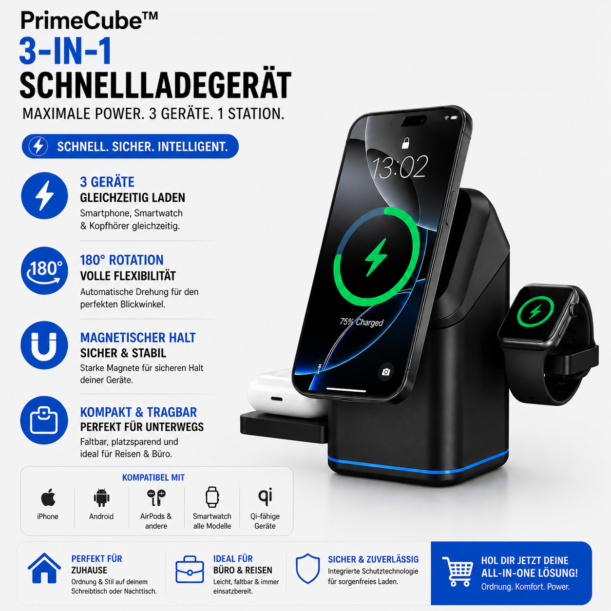 PrimeCube™ 3-in-1 Magnetische Wireless Ladestation mit 180° Rotation