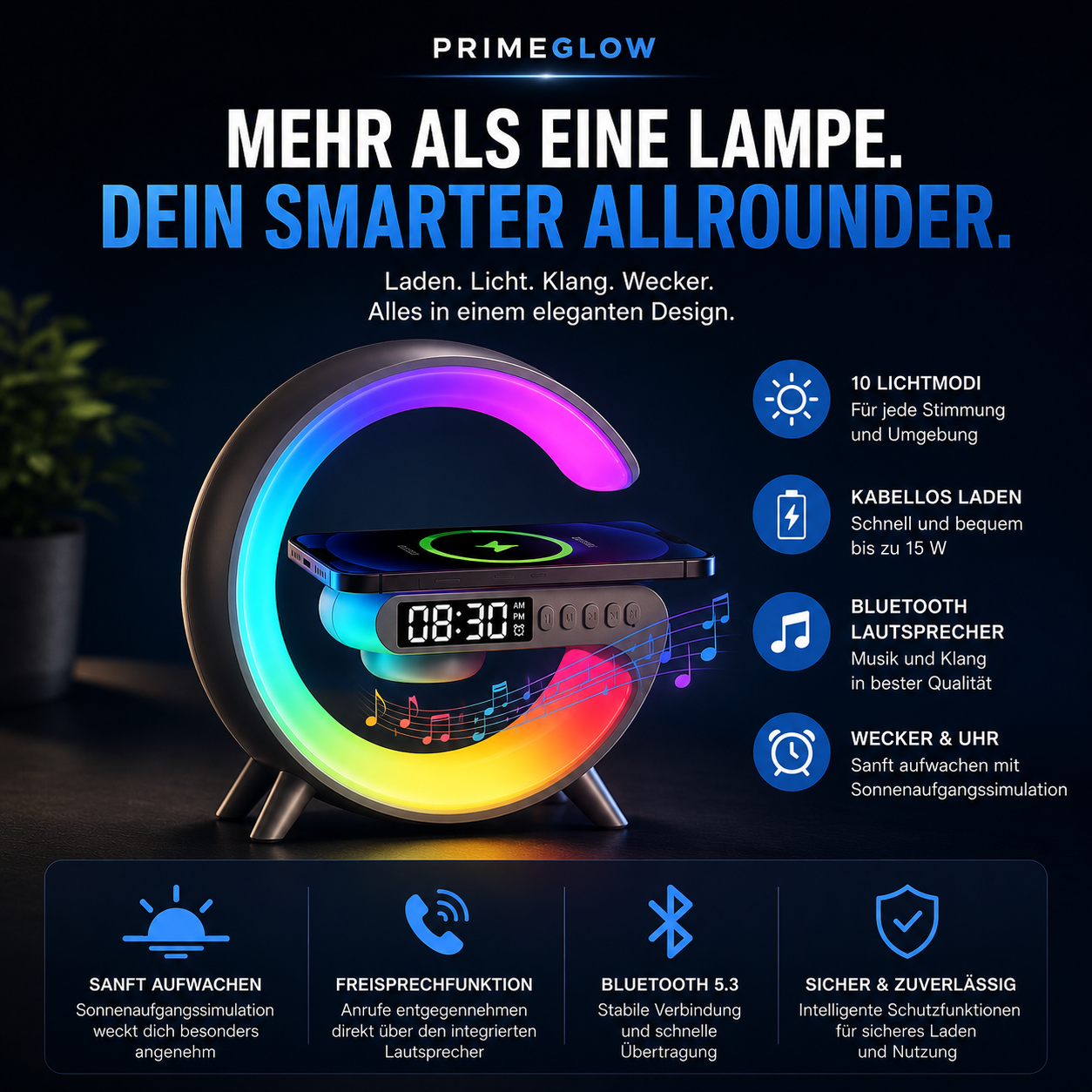 PrimeGlow™ Wireless Charger mit Nachtlicht & Wecker