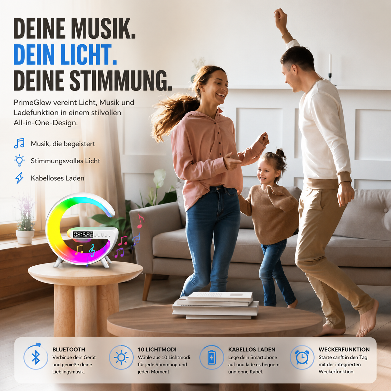 PrimeGlow™ Wireless Charger mit Nachtlicht & Wecker