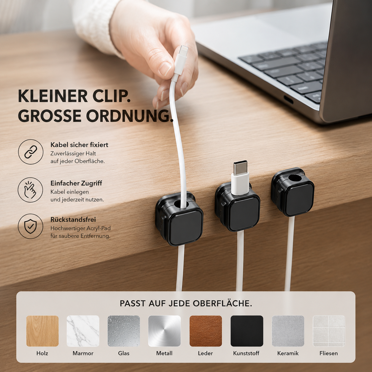 PrimeClip™ Kabelhalter Selbstklebend für Schreibtisch & Zuhause