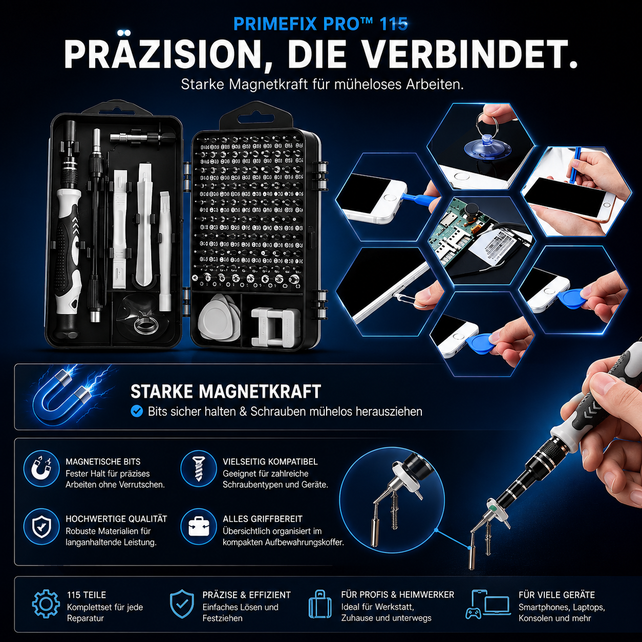 PrimeFix Pro™ 115 Präzisions-Schraubendreher Set für Elektronik