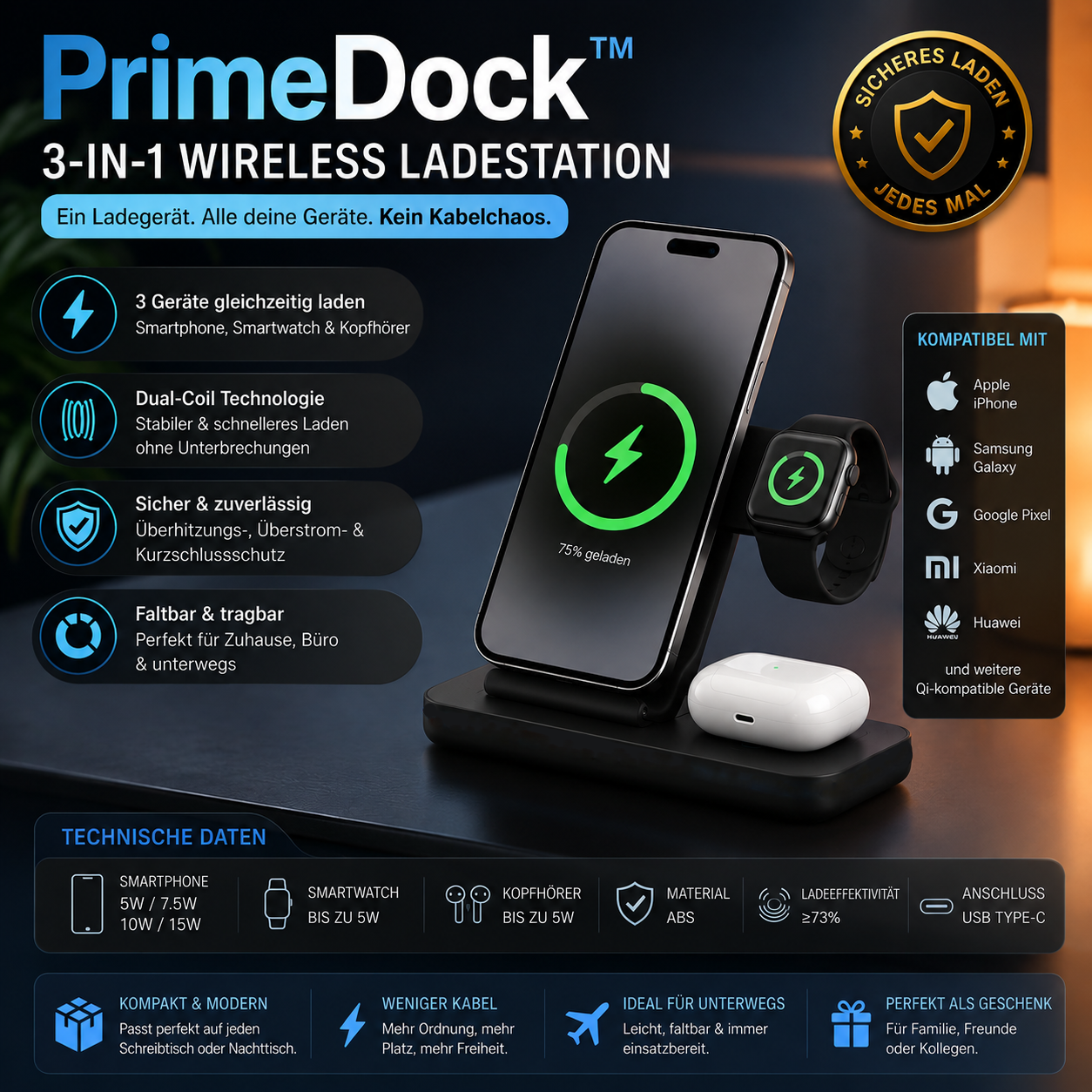 PrimeDock faltbare kabellose Ladestation für Schreibtisch und Nachttisch
