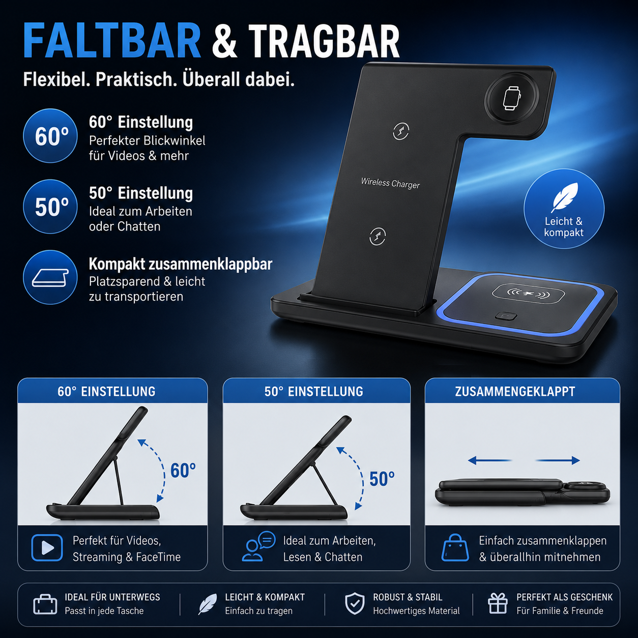 PrimeDock™ 3-in-1 Wireless Ladestation für Smartphone, Smartwatch & Kopfhörer
