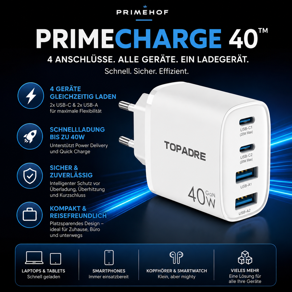 PrimeCharge 40™ USB-C Schnellladegerät mit 4 Anschlüssen