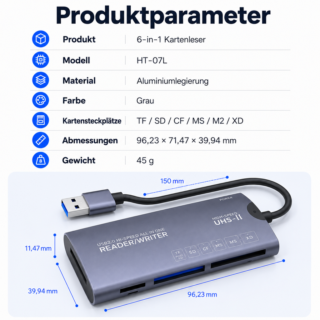PrimeReader Pro™ 6-in-1 USB-C Kartenleser für SD MicroSD CF Karten