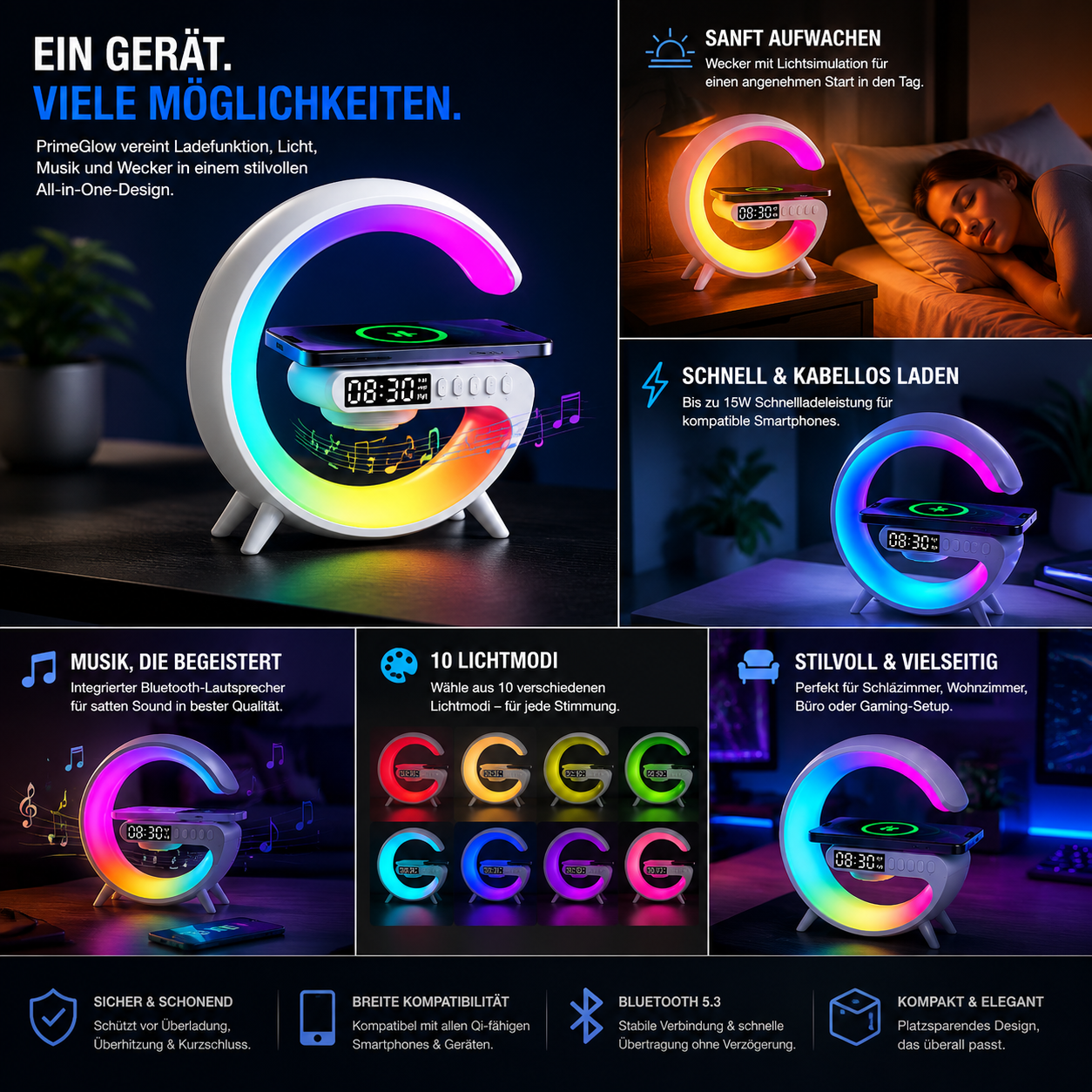 PrimeGlow™ Wireless Charger mit Nachtlicht & Wecker
