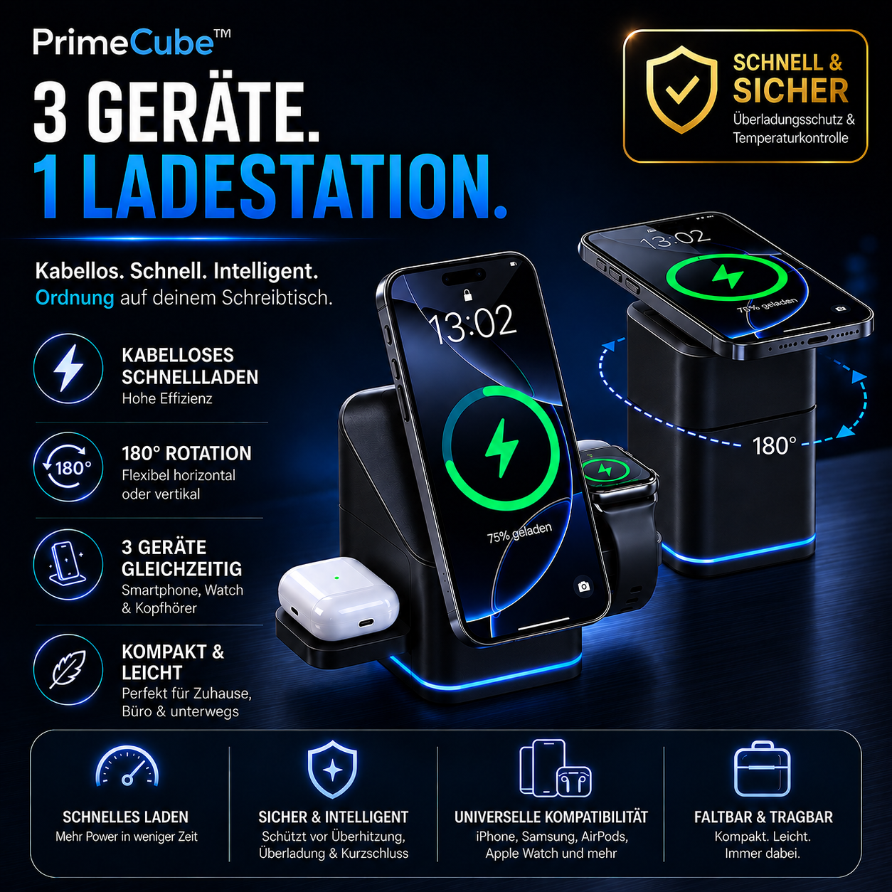PrimeCube™ 3-in-1 Magnetische Wireless Ladestation mit 180° Rotation