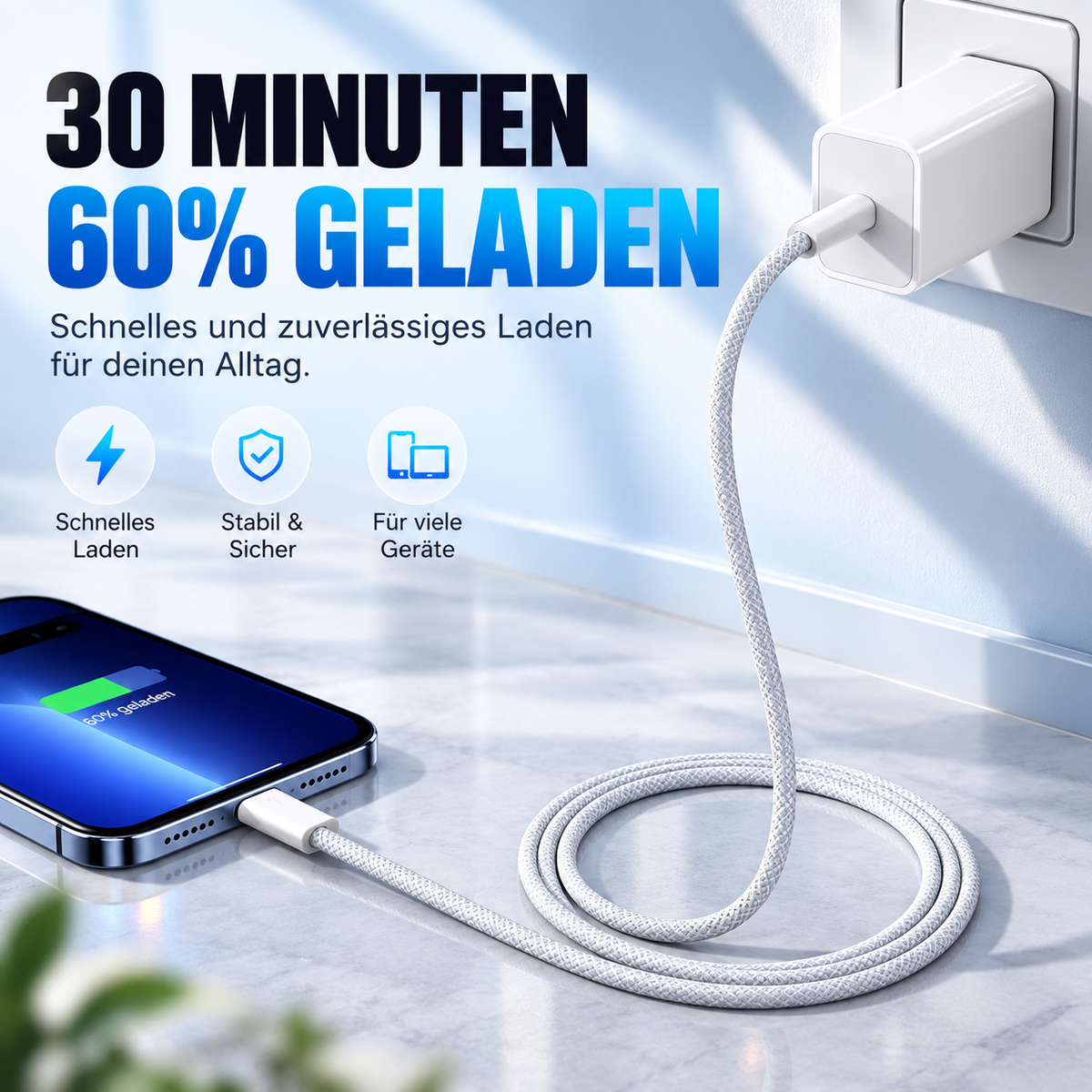 PrimeFlex 60™ USB-C Ladekabel 60W – Geflochtenes Schnellladekabel