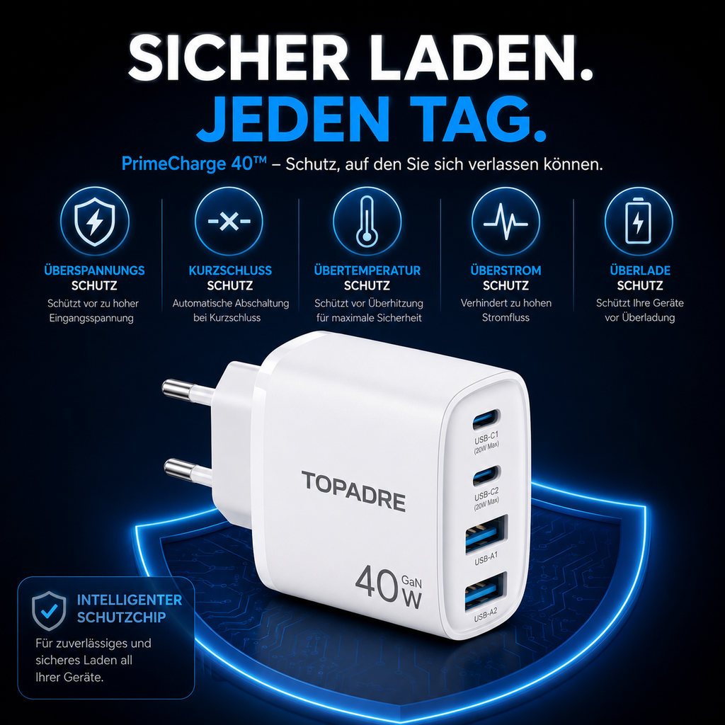 PrimeCharge 40™ USB-C Schnellladegerät mit 4 Anschlüssen