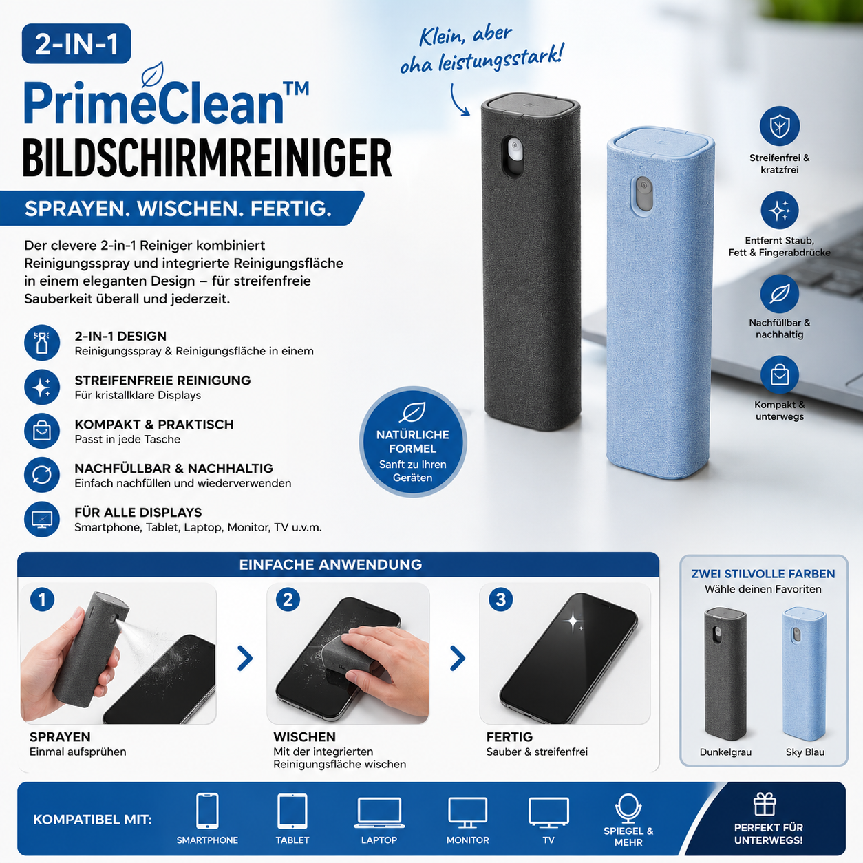 PrimeClean™ 2-in-1 Bildschirmreiniger