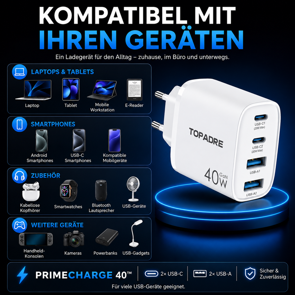 PrimeCharge 40™ USB-C Schnellladegerät mit 4 Anschlüssen