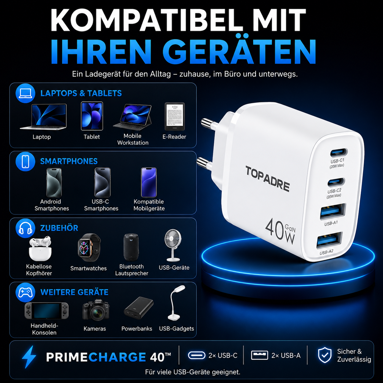 PrimeCharge 40™ USB-C Schnellladegerät mit 4 Anschlüssen