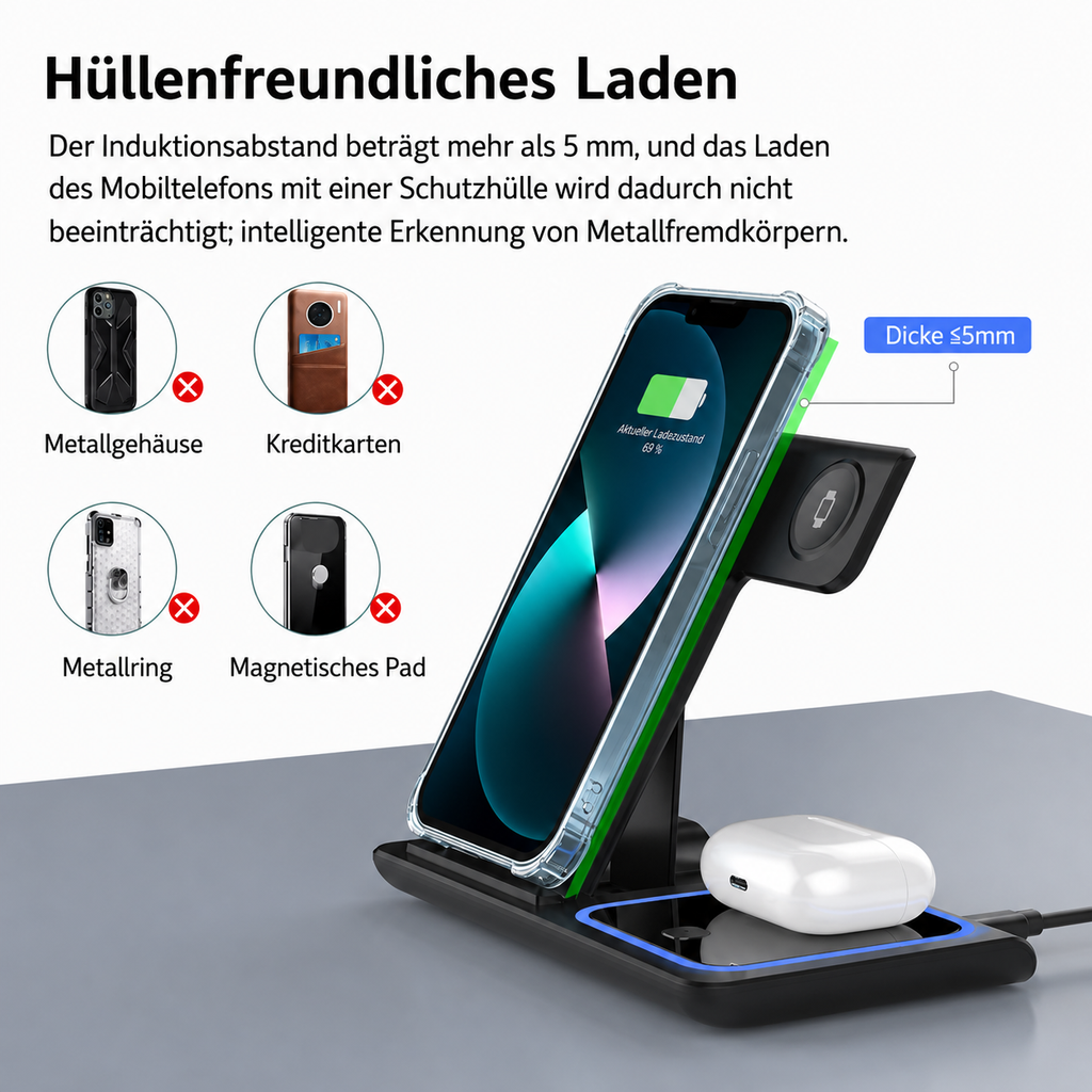 PrimeDock™ 3-in-1 Wireless Ladestation für Smartphone, Smartwatch & Kopfhörer