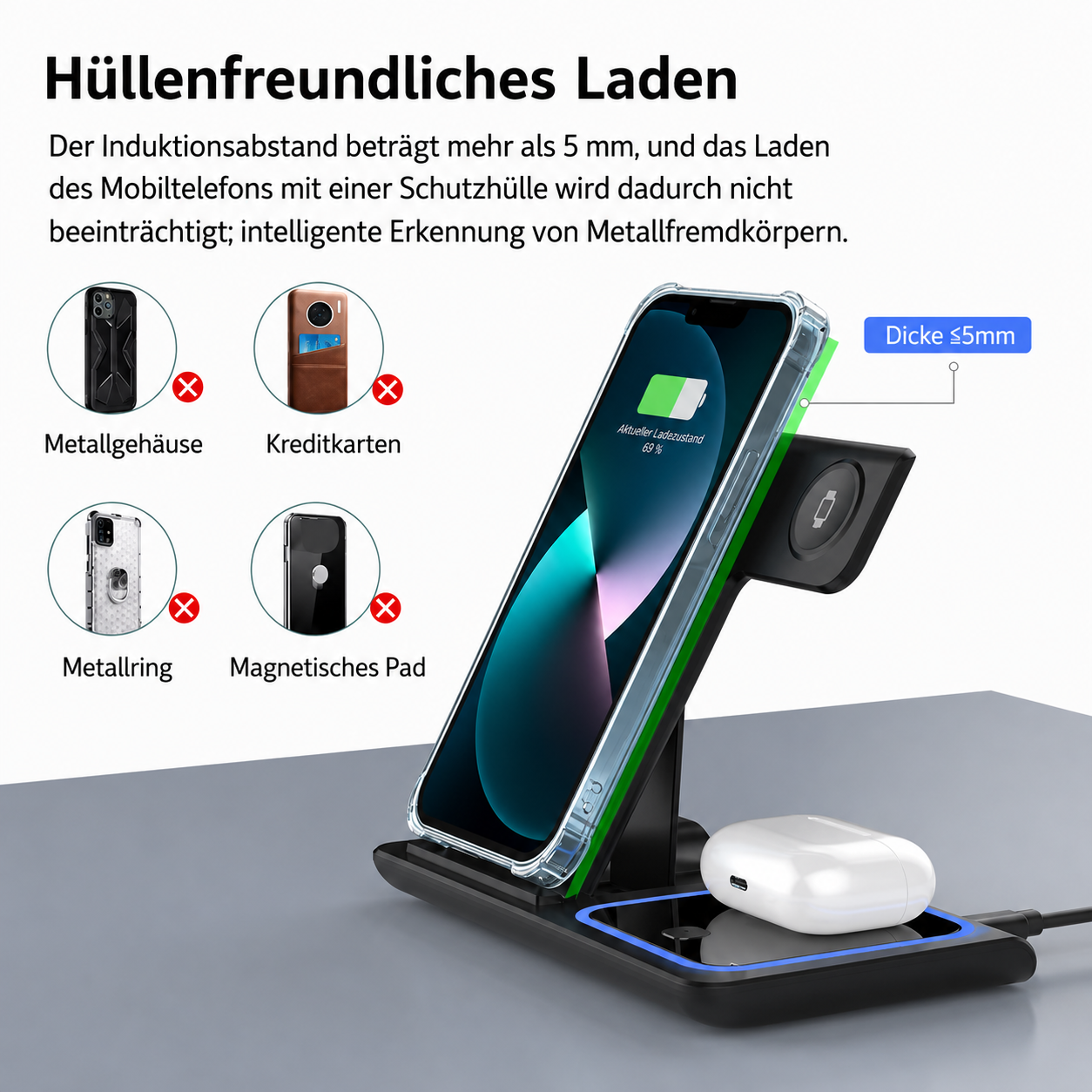 PrimeDock™ 3-in-1 Wireless Ladestation für Smartphone, Smartwatch & Kopfhörer