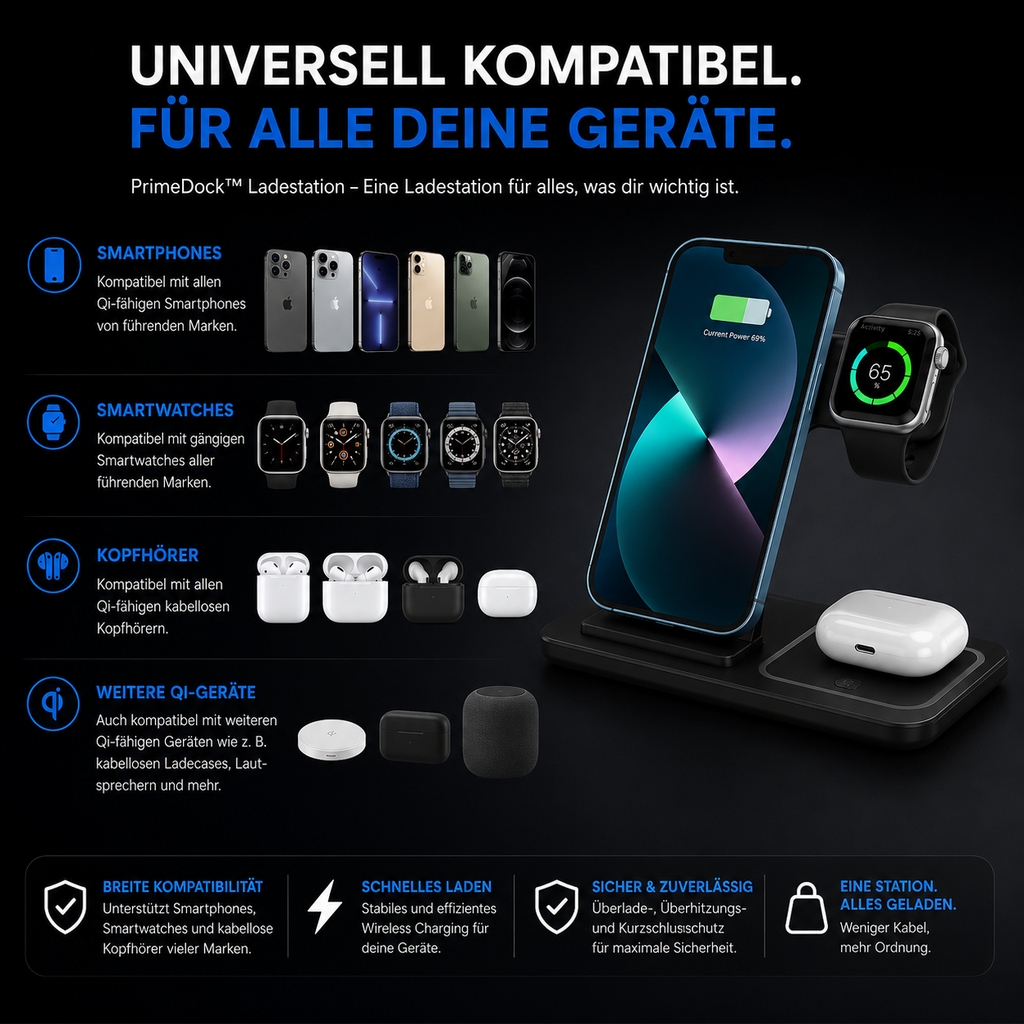 PrimeDock™ 3-in-1 Wireless Ladestation für Smartphone, Smartwatch & Kopfhörer
