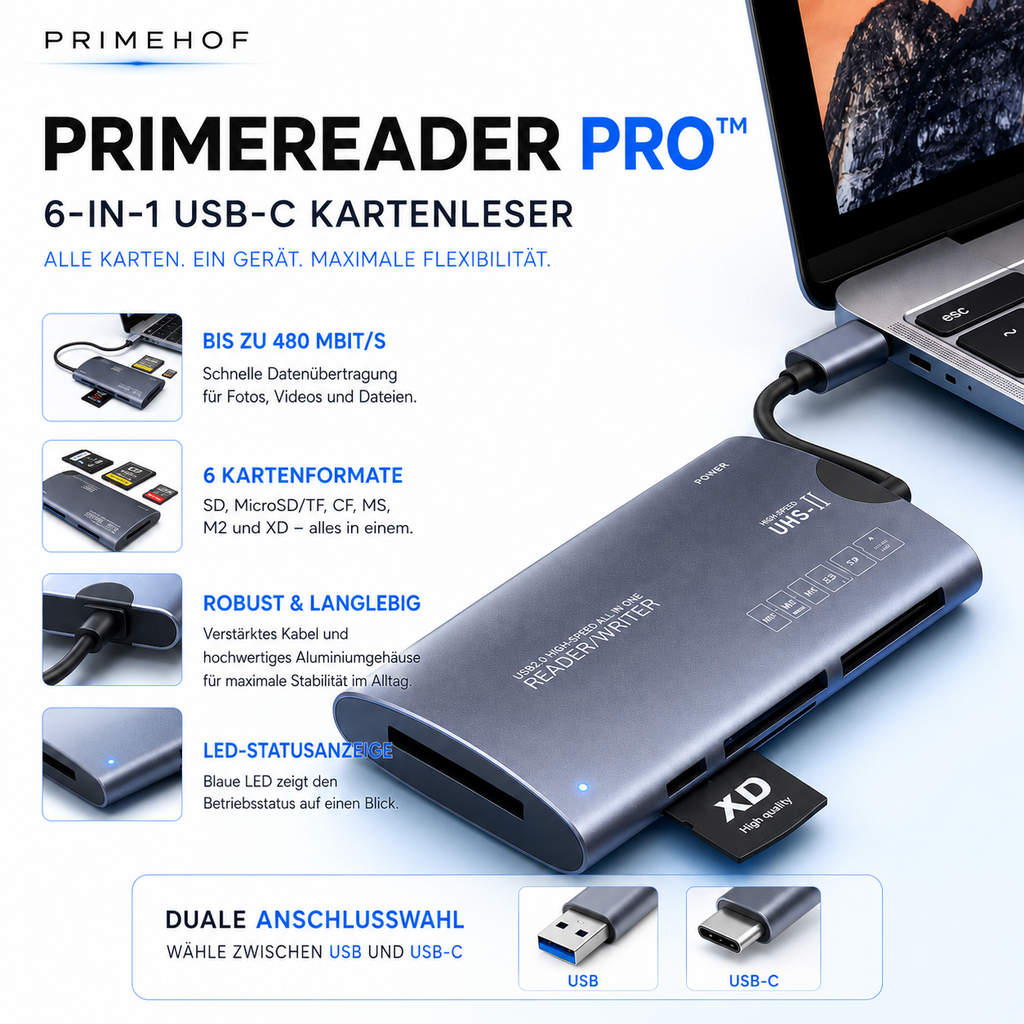 PrimeReader Pro™ 6-in-1 USB-C Kartenleser für SD MicroSD CF Karten